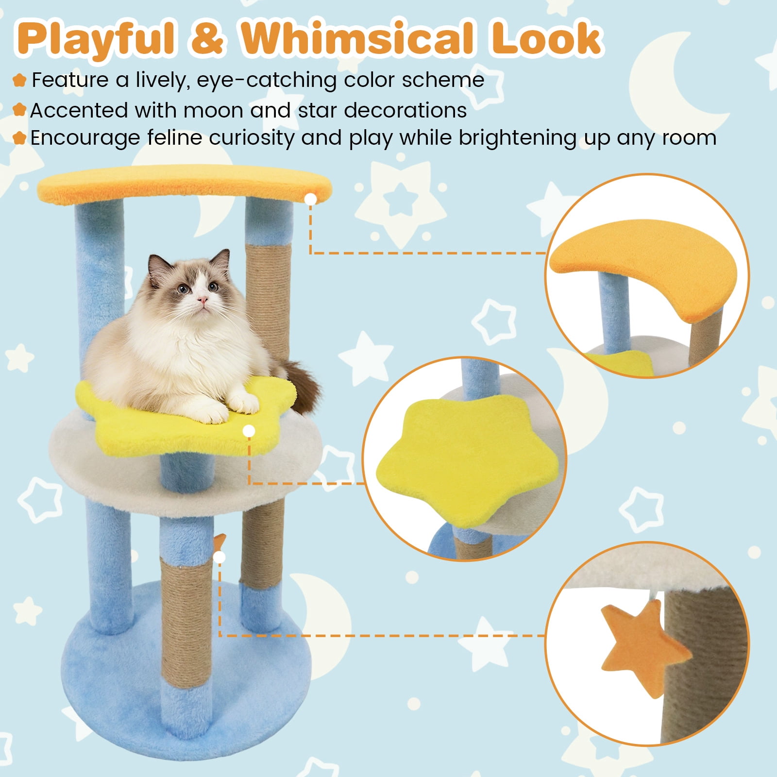 Costway 29” Cute Modern Cat Tree with Star & Moon Shaped Platforms, Jute Scratching Posts Blue