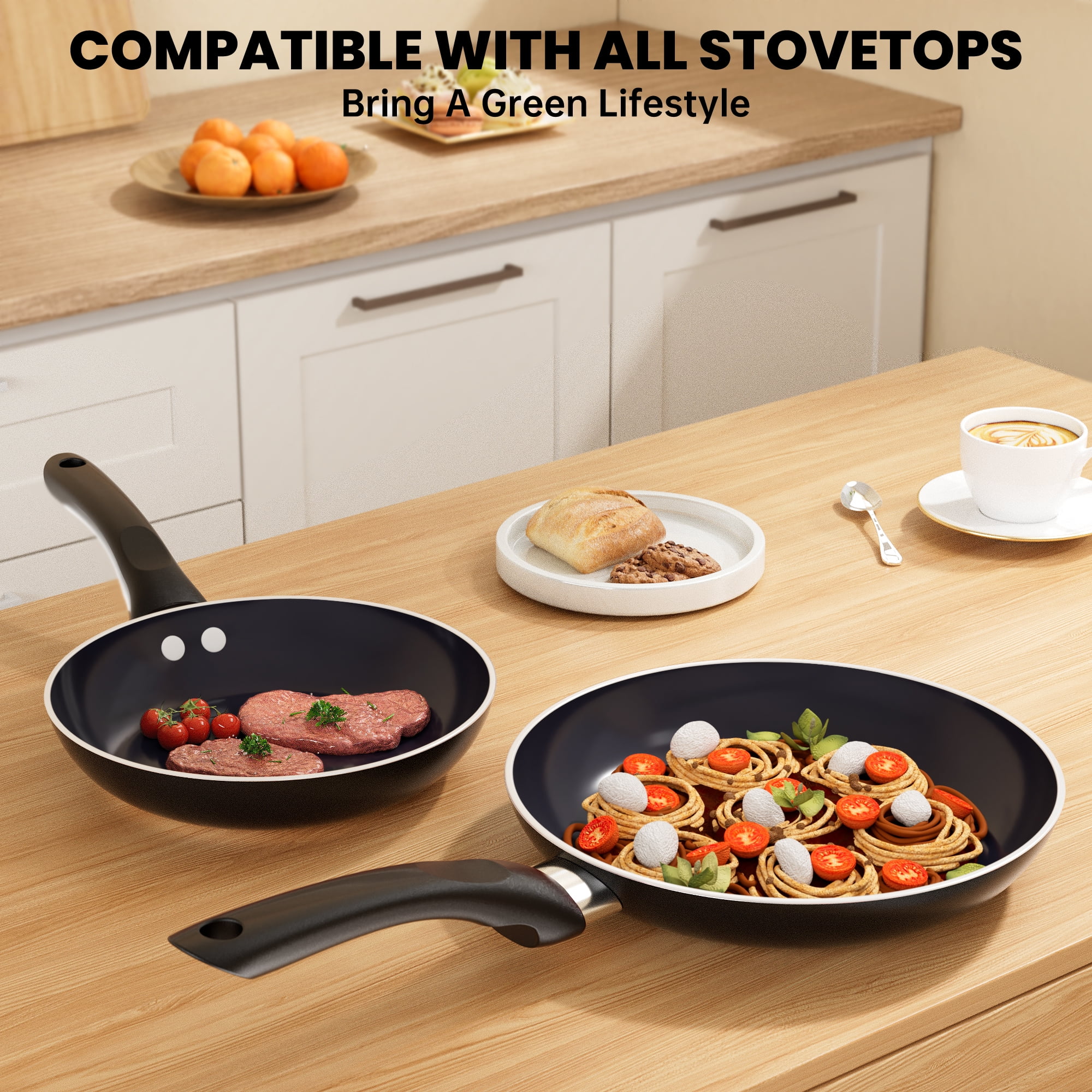 GPED 2 PCS Non-Stick Frying Pan Set, 9.5”, 11” Tri-Ply Skillet with Induction Bottom, Aluminum Cooking Skillet Pans Set, Compatible with All Stovetops (Black)