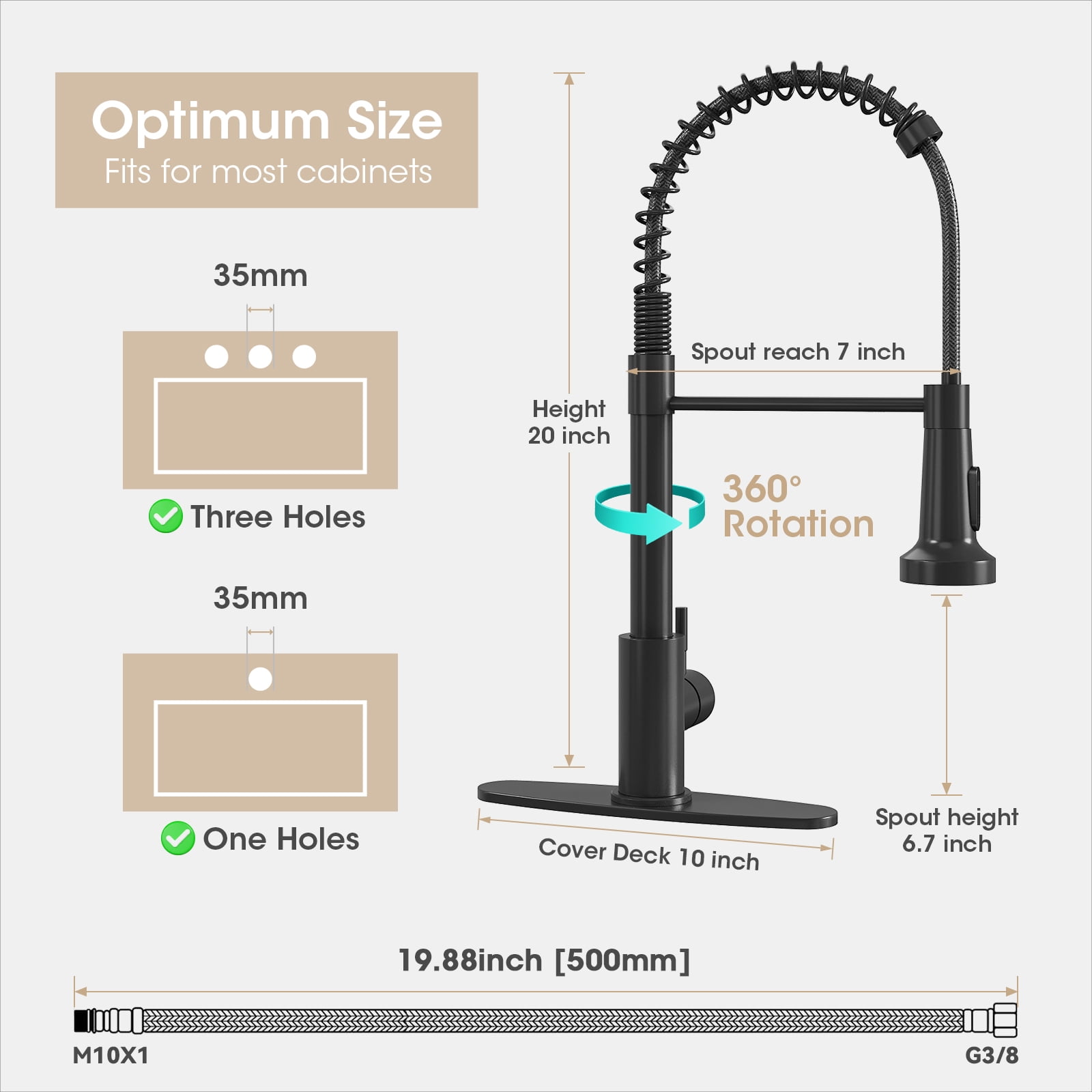 IUSU 20in Kitchen Faucet with Pull Down Sprayer, Brushed Nickel Commercial Spring Kitchen Sink Faucet Single Handle Pull Out Sink Faucets with Deck Plate Suit to 1 or 3 Holes Black