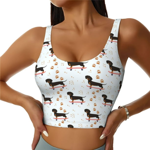 Balery Dachshund On A Skateboard Sujetadores deportivos con espalda cruzada para mujer, acolchados, sin costuras, de alto impacto, ideales para yoga, gimnasio, entrenamiento y fitness.-