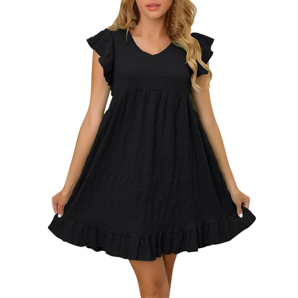 hotojiny Summer Dresses for Women 2025 Textured Loose V Neck T Shirt Dress Ruffle Short Sleeve Casual Sundresses for Beach Vaction