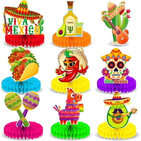 XD3-9Pcs Mexican Fiesta Honeycomb Centerpiece Decorations 8" for Cinco De Mayo, Taco Tuesday Party, Day of the Dead, Birthdays & Carnivals, Vibrant Table Decor, Photo Props, Taco Bar &*3