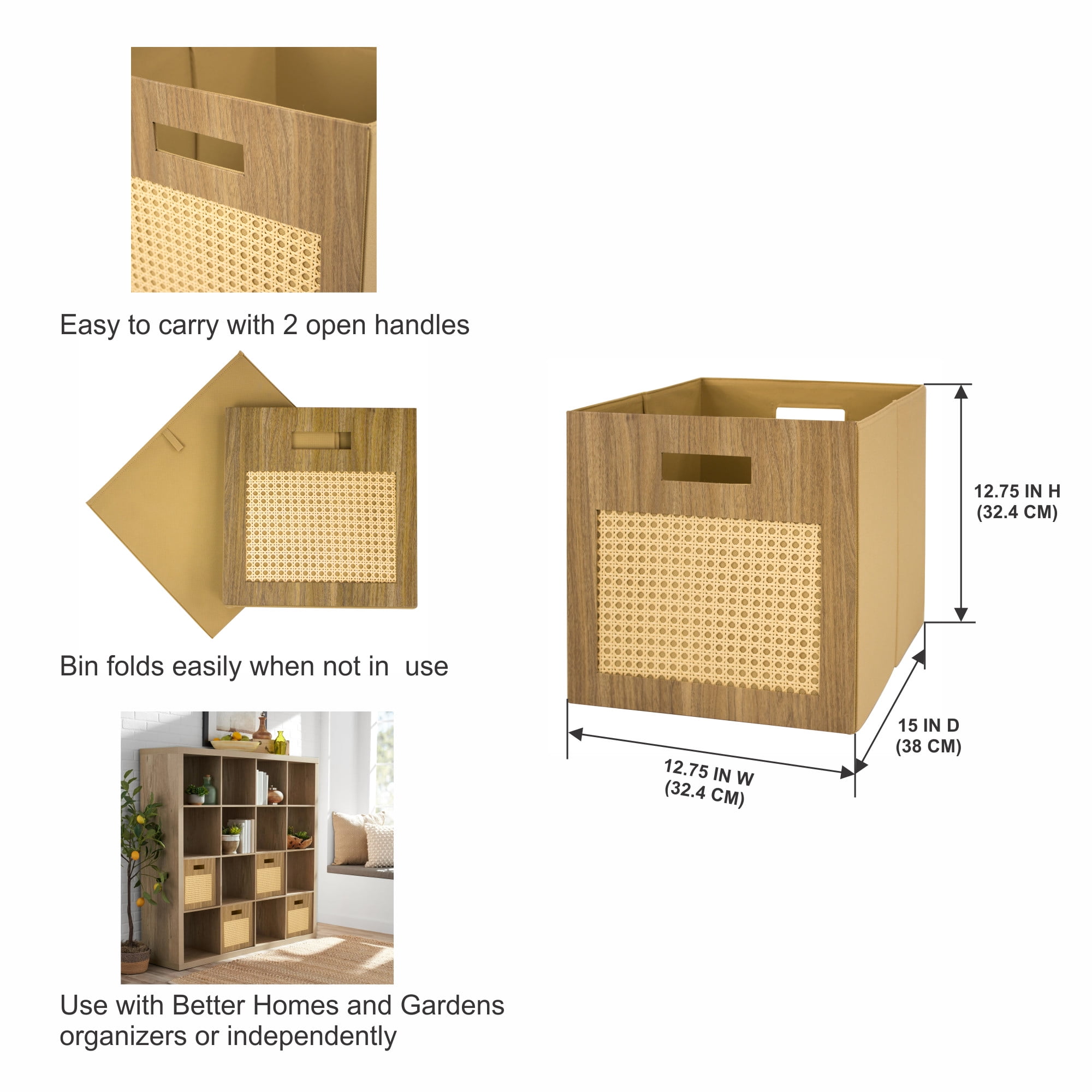 Better Homes & Gardens Fabric Cube Storage Bins, Honey with Caning, 2 Pack, 12.75 in x 12.75 in x 15 in