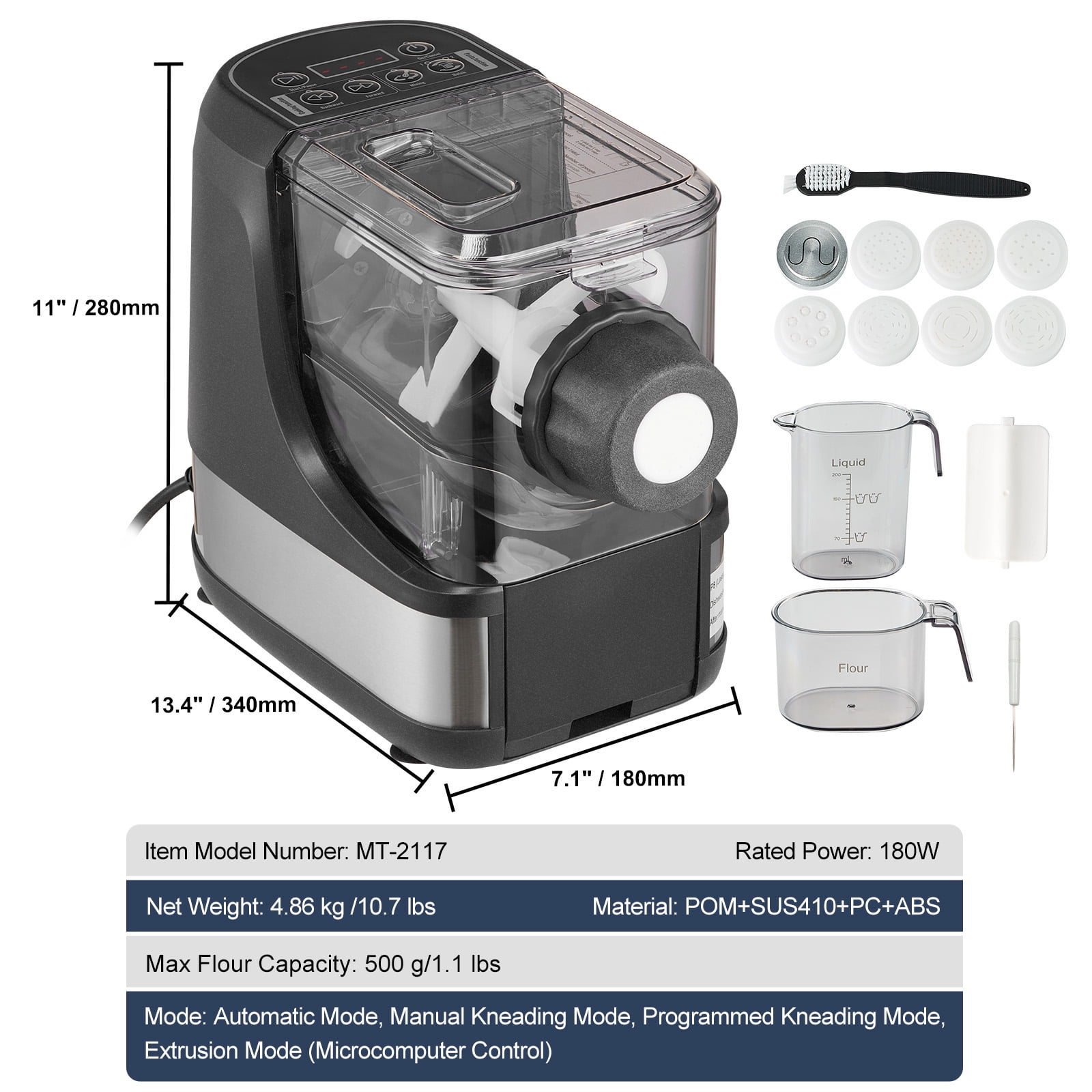 KFFKFF Automated Pasta Creator, 150W Electric Noodle Fabricator with Eight Different Pasta Forms, Four Smart Settings, 500g Flour Holding Capacity, Comes with Measuring Cups and Cleaning Brush