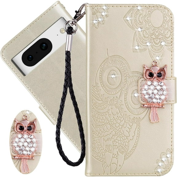 for Google Pixel 8 Wallet Case for Women, Glitter Bling Diamond PU Leather Folio Cover with Card Slot & Wrist Strap Phone Case for Google Pixel 8 Owl Gold