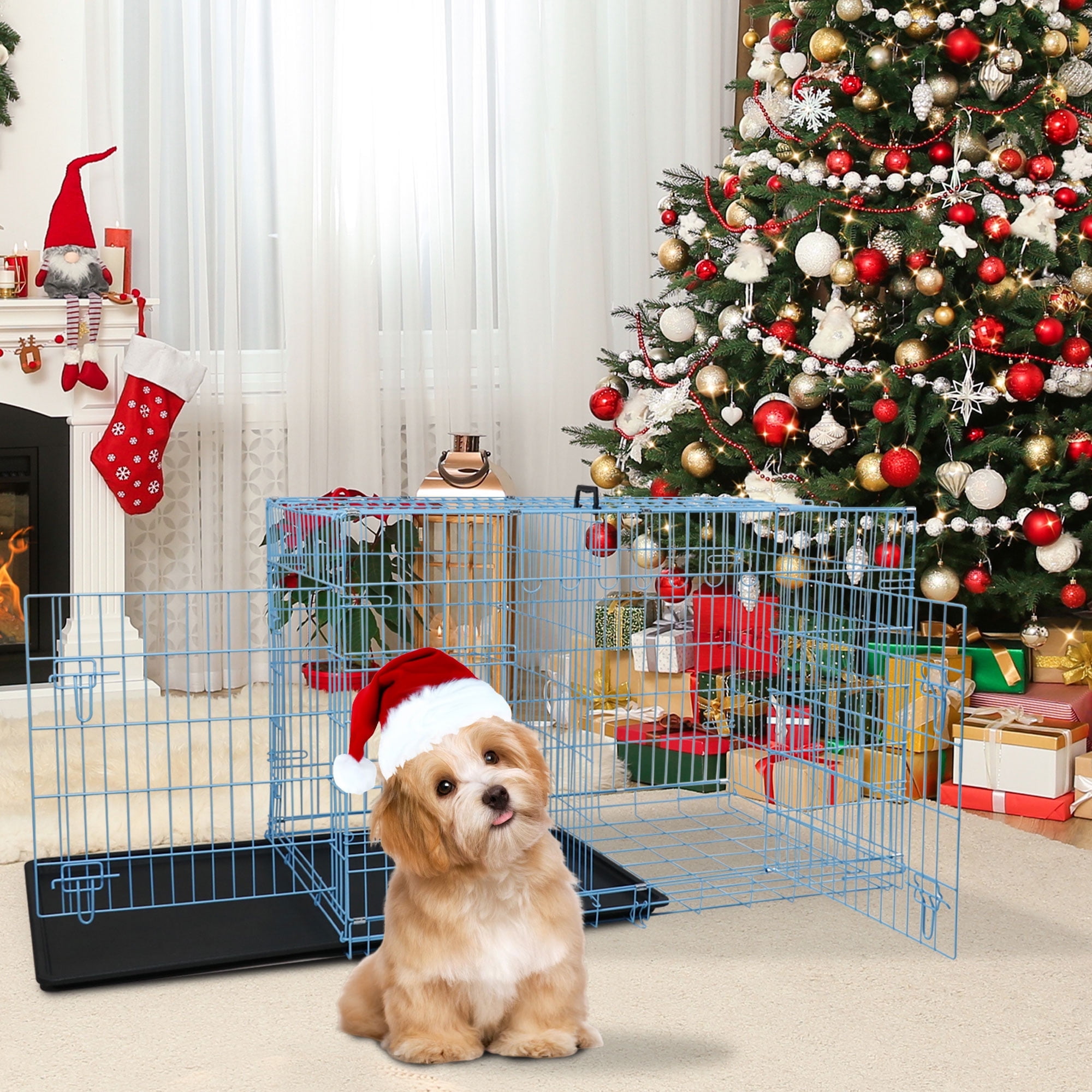 YRLLENSDAN Puppy Crate, 24in Dog Cage for Small Dogs Dog Kennel Indoor Metal Dog Crate Foldable Dog Crate with Divider & Double-Door Wire Dog Crate, Blue