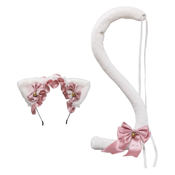 Diadema y cola de gato unisex para niños, fiestas temáticas de animales, regalo de cosplay blanco rosa