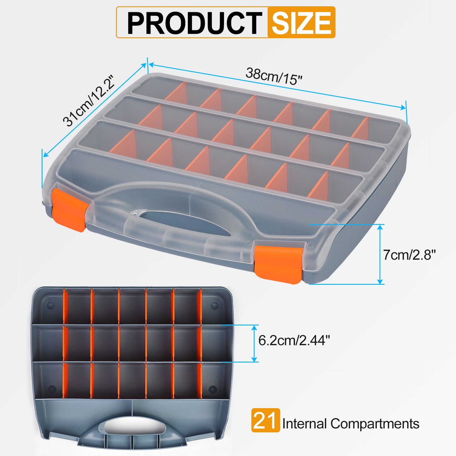 Uxcell Single Side Tool Organizer 15"x12.2"x2.8" 21-Compartment Hardware Storage Box with Removable Dividers