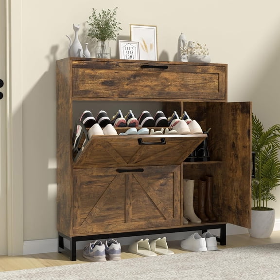 Shoe Storage Cabinet with 2 Flip Drawers, Slim Freestanding Shoe Organizer Cabinet, Shoe Rack with Open Storage for Entryway, Foyer and Hallway (Brown)