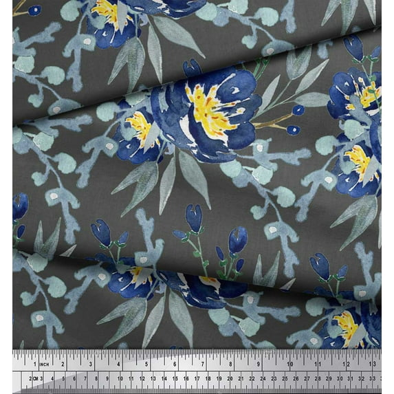 Soimoi Gray Georgette Viscose Fabric Leaves & Peony Floral Print Sewing Fabric Yard 44 Inch Wide