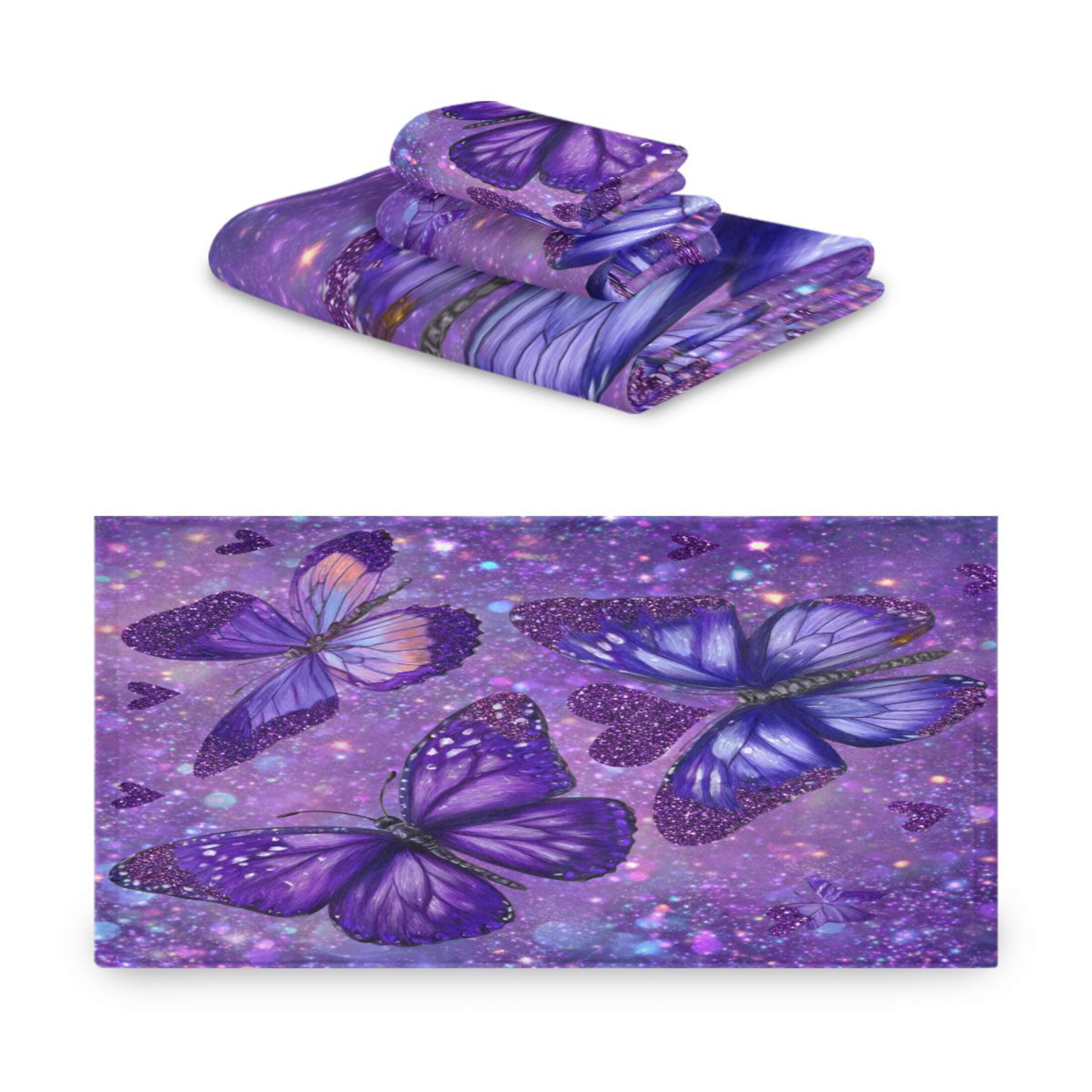 3 Sizes of Towel Sets Including Bath Towel Hand Towel and Washcloth for Daily Use Shimmering Purple Butterflies