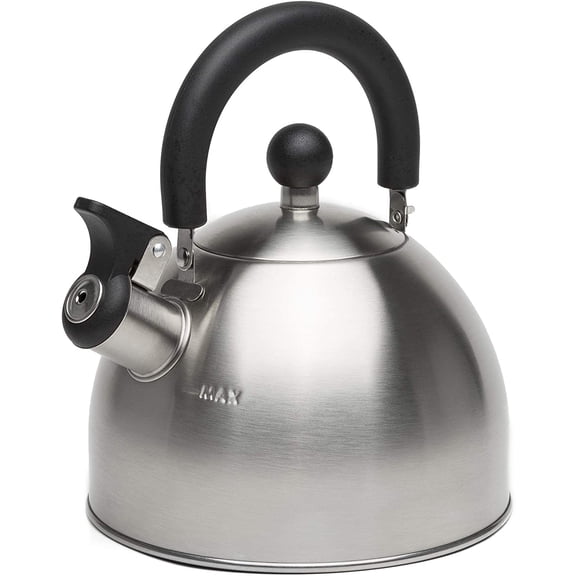 Stewart Whistling Tea Kettle for Stovetop, Stainless Steel Stove Top Kettle with Fast Boil Whistling Spout and Cool Touch Folding Handle, 1.5-Quart, Brushed Silver with Black Handle