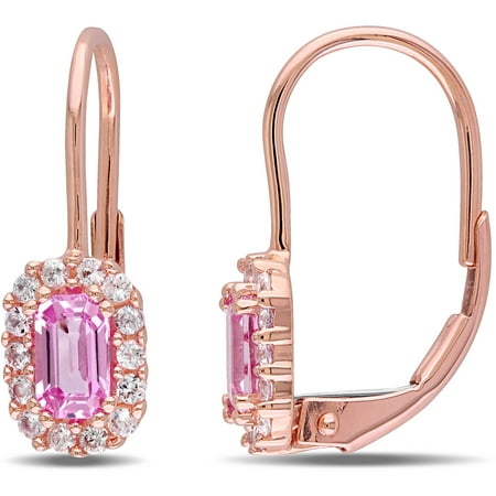 Tangelo 1 Carat T.G.W. Pink and White Sapphire 10kt Rose Gold Octagon Halo Leverback Earrings