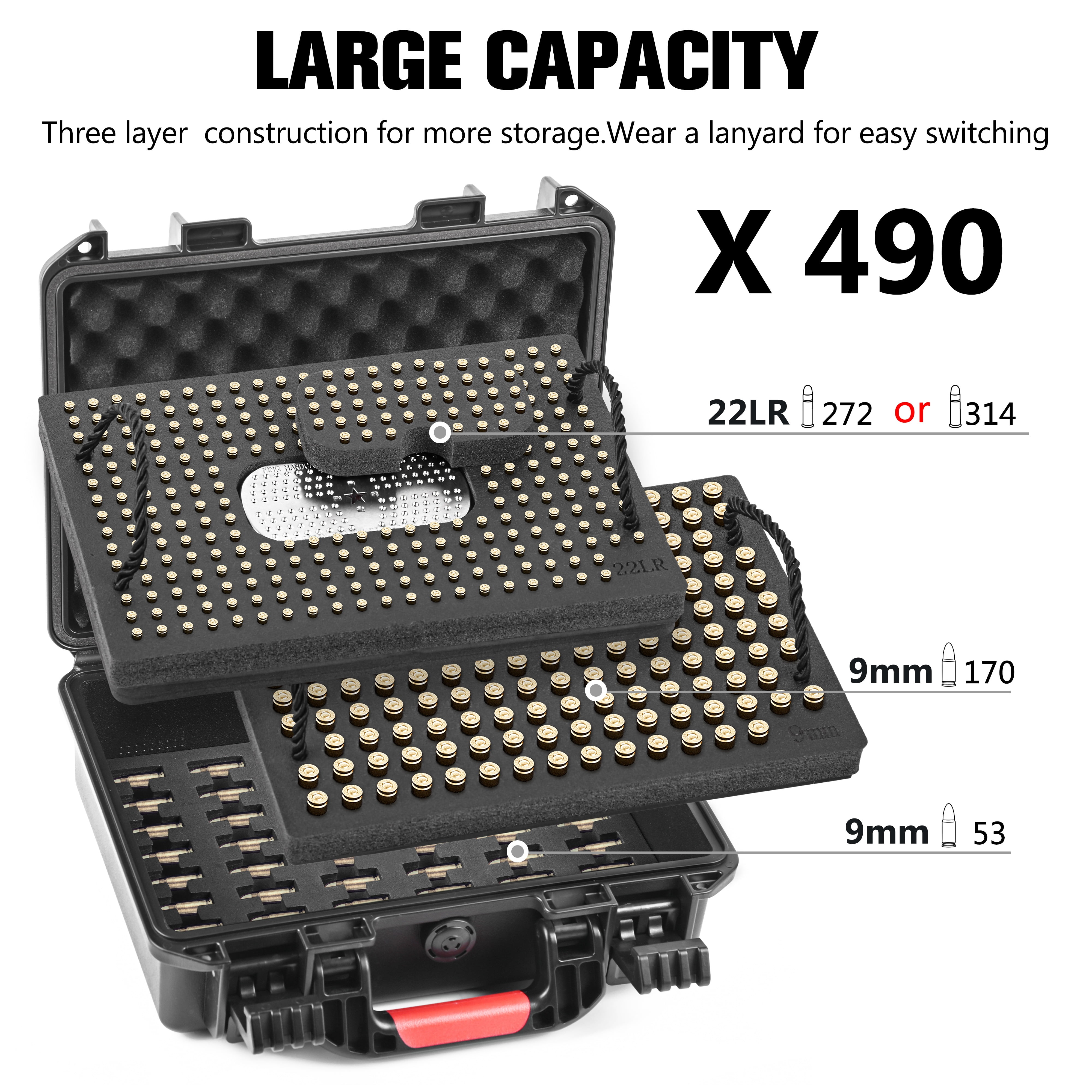 490Rounds 9mm & 22LR Ammo Storage Case with Desiccant - Waterproof, Drop-Resistant Ammo Case, Lockable Bullet Case for Safe Ammo Storage Box & Transport