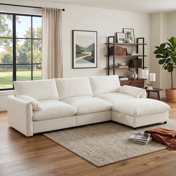 EPOWP 96.5'' Modular Sectional Sofa Set with Storage Ottoman, Chenille L-Shaped Cloud Sectional Couches with Adjustable Phone Holder & USB Charger for Living Room, Apartment, Office