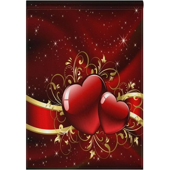 Valentine''s Day House Flag 28 x 40 Double Sided, Red Hearts Golden Bow Garden Yard Flags Welcome Spring Outdoor Indoor Banner for Wedding Party Home Decorations