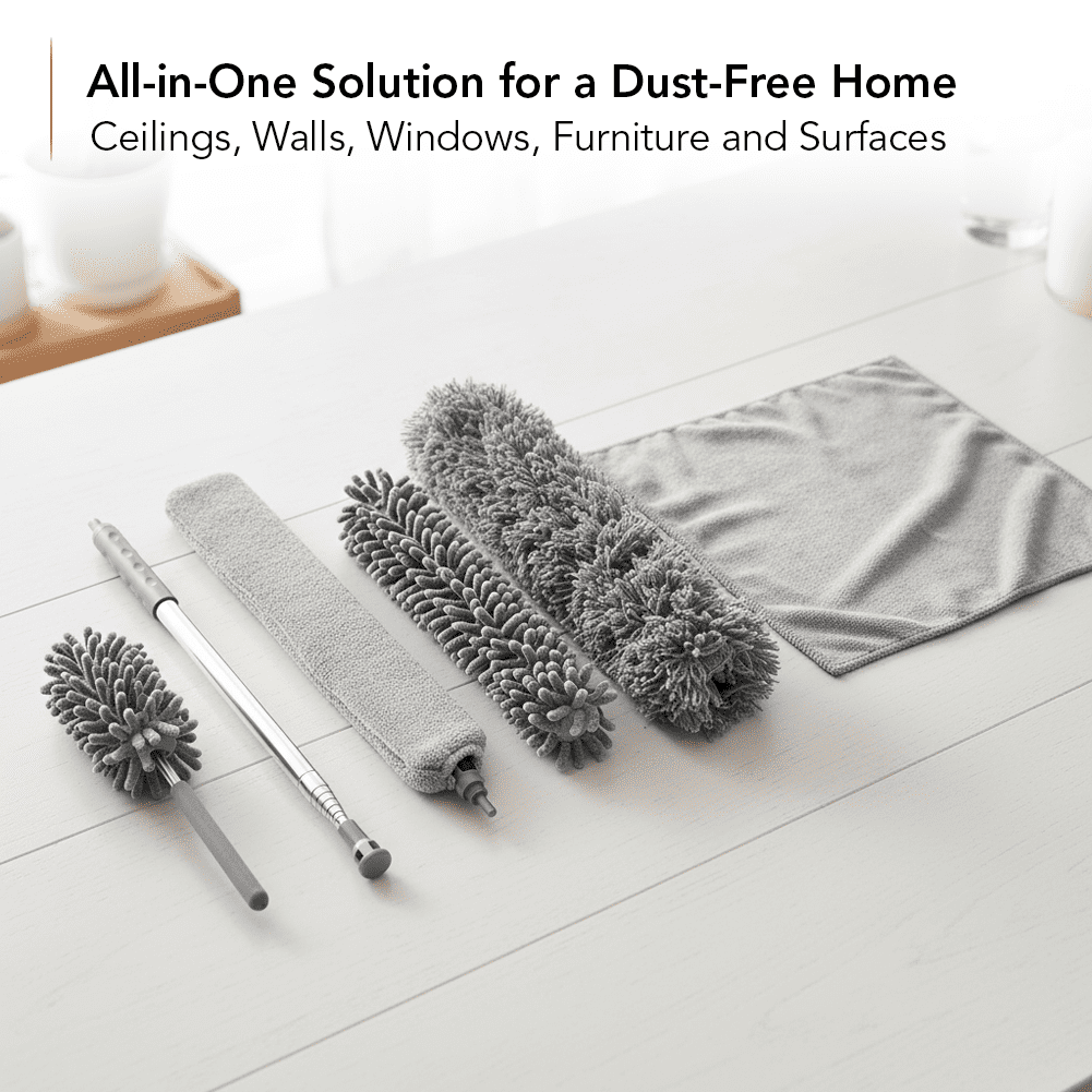 OVENTE Microfiber Duster Cleaning Set with Stainless Steel Extension Pole Up to 96", Washable, Reusable and Bendable Dusters for High Ceiling Fans, Blinds, Furniture, Cobweb and Cars, Grey CTD1526GY