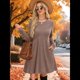 thumbnail image 5 of Vestido de Larga para Mujer, Cuello Redondo, Cintura Alta, Túnica con Bolsillos Caqui M, 5 of 6