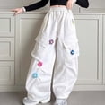 thumbnail image 3 of Crunowin Girls Cargo Pants, Retro Multi Pockets Elastic Waist Floral Patch Wide Leg Pants Size 12, 3 of 10