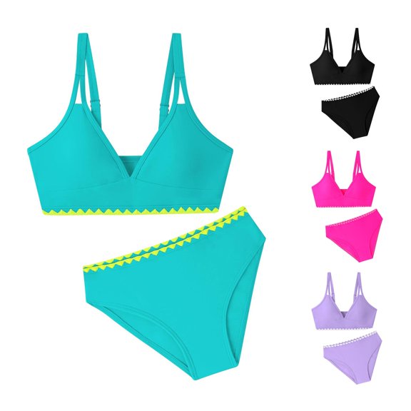 CUZIBR Girls Tow Piece Swimsuits V Neck Double Strap Color Block Chest Pad Top High Waist Briefs Shorts Bikini Sets Cute Youth Bathing Suit Summer Pool Beach Outfits,Mint Green,11-12 Years