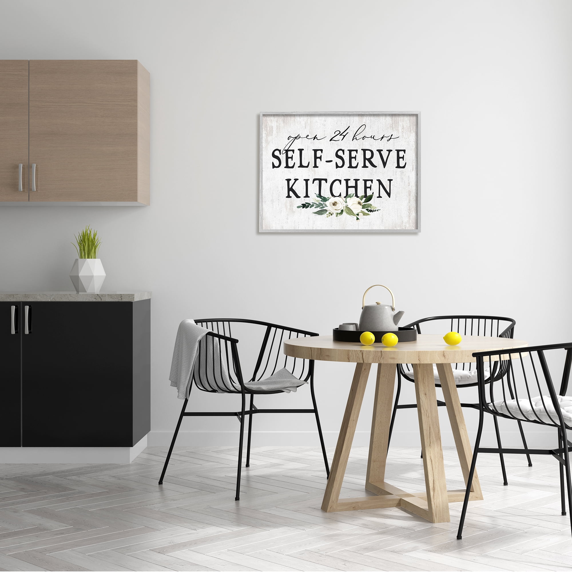 Stupell Industries Self-Serve Kitchen Sign White Flowers 24 Hours Graphic Art Gray Framed Art Print Wall Art, 30x24, by Lettered and Lined