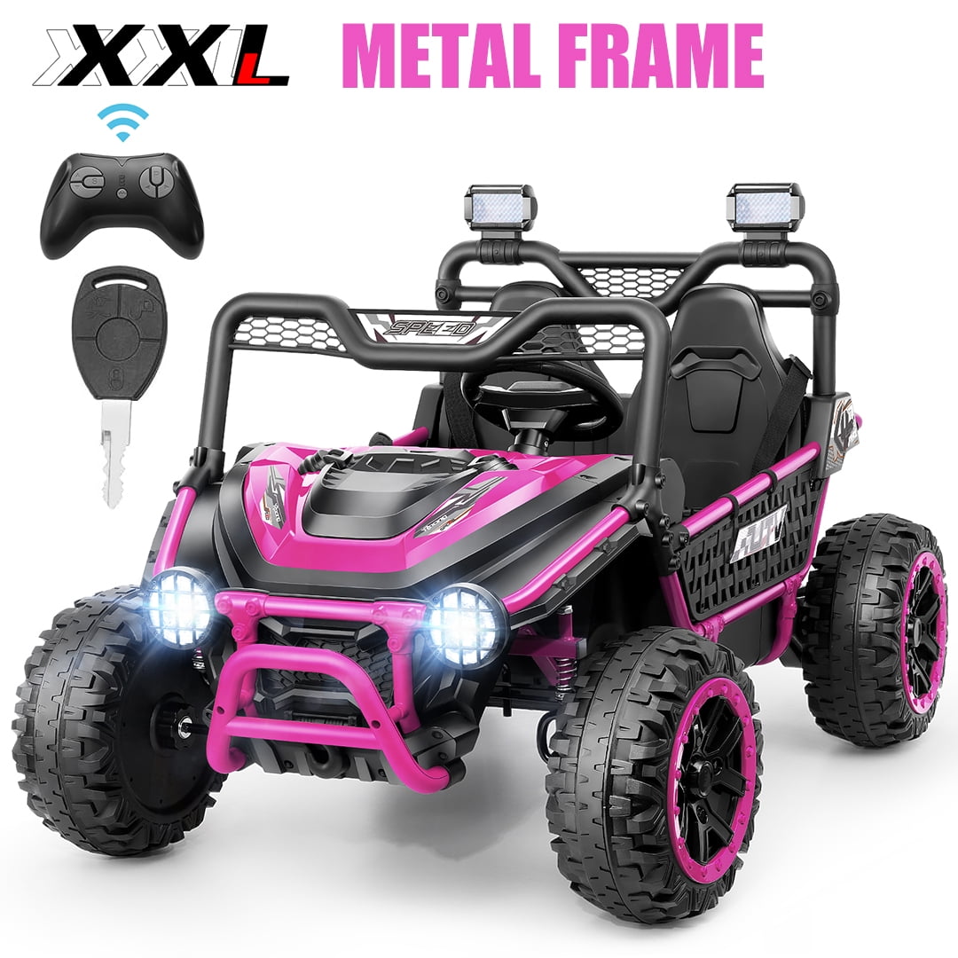 Funcid Metal Frame 24 Volt Ride on Toys, 2-Seater Ride on Cars with Remote Control, Electric Car for Kids, Power UTV Wheels with Key Start, Storage Bag, Bluetooth, Music, Spring Suspension, Pink