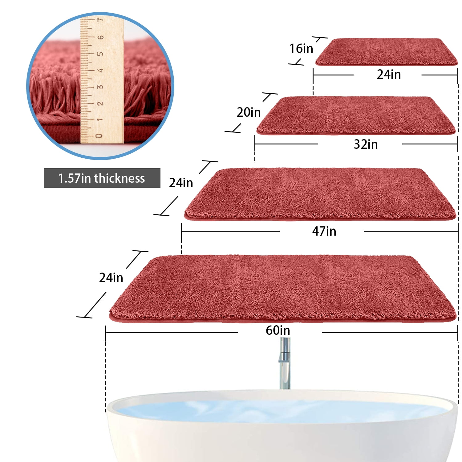 Astarin Ultra Plush Shag Red Microfiber Bath Rug, 16" x 24", Non-Slip