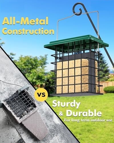 Double Suet Feeder- Metal Roof Bird Feeder with Taller Grid for Woodpeckers, Suet Cake Cage Bird Feeder for Outdoors Hanging,Easy-Clean & Refill,Green (1 Pack)