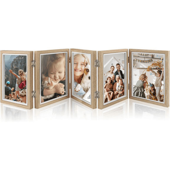 5 Folding Picture Frame, 4 x 6 Inch Double Hinged Wood Photo Frame with 5 Opening, High Definition Rustic Desktop Family Photo Collage for Birthday Mother's Day Gifts