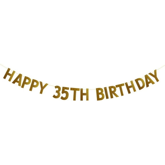 HAPPY 35TH BIRTHDAY Banner，No Assembly Required，35th Birthday Party Decorations Supplies，Gold Glitter Paper Garlands Backdrops, Letters Gold