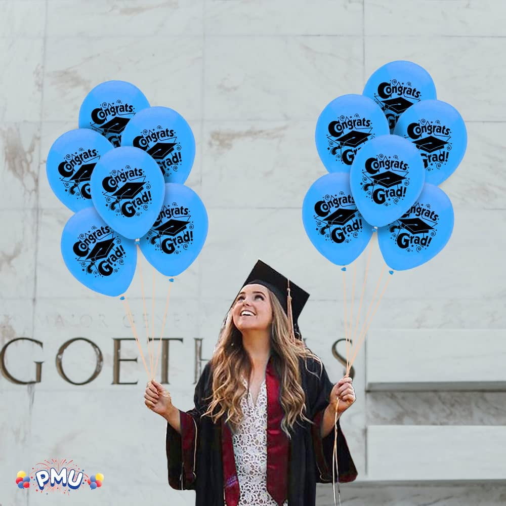 PMU 50 Pcs Graduation Balloons PartyTex 11 inch Premium Blue with All-Over Print White Grad Caps-Confetti and Streamers Graduation Party Decorations