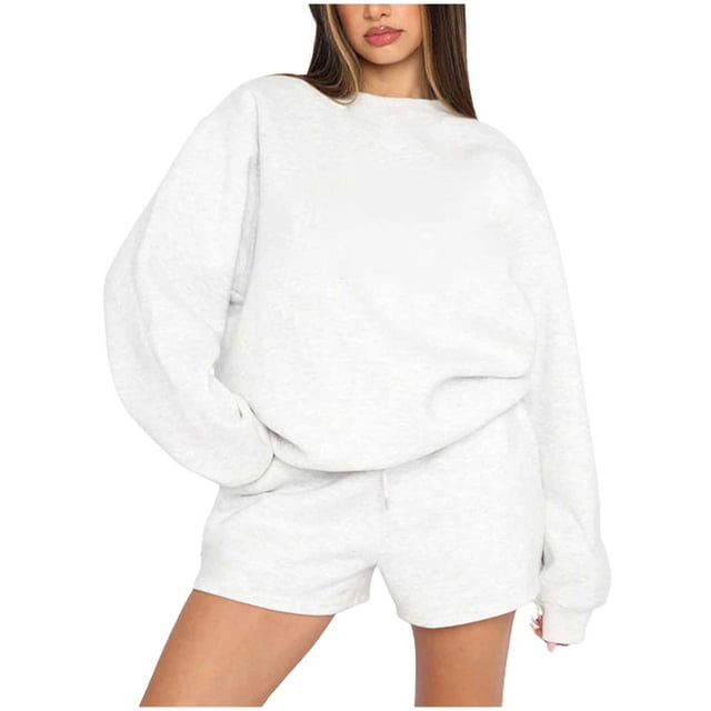 Ensemble de Chandail à Capuchon 2 Pcs pour Femmes 2023 Couleur Unie Col Rond Pull à Manches Longues Mode Décontractée Shorts Ensemble de Chandail en Molleton en Solde