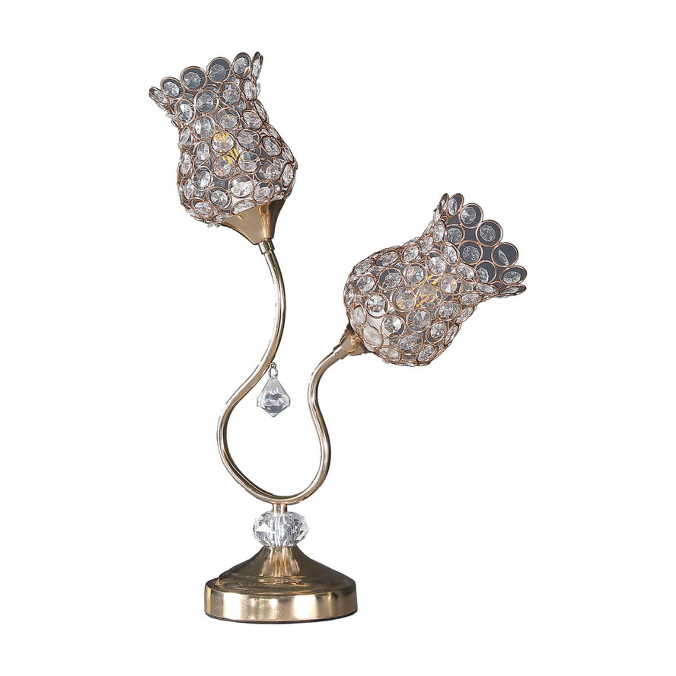 Noble House 18.75" 2-Floral Trumpet Table Lamp, Wire Cage Shades, E12 Candelabra Bulbs, Glam Metal, Rose Gold