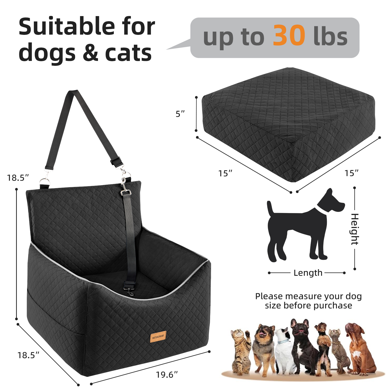 NIYAPAW Elevated Dog Car Seat for Small/Medium Dogs up to 35 lbs,Memory Foam Pet Booster Seat with dog car bed, Safety Pet Seat with Seatbelt Channel，Washable and Detachable (Black)
