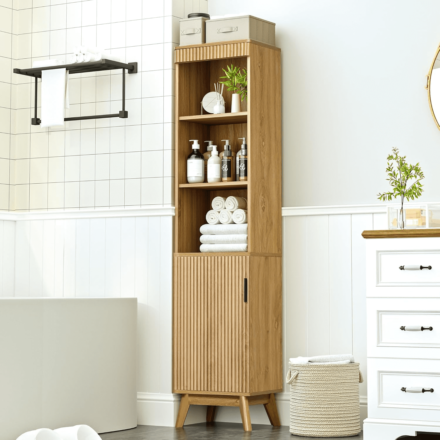 LEFHDA 68" Bathroom Storage Cabinet with Doors, Narrow Tall Fluted Cabinet, Wooden Mid-century Modern Cabinet with Adjustable Shelf, Bathroom Kitchen Living Room