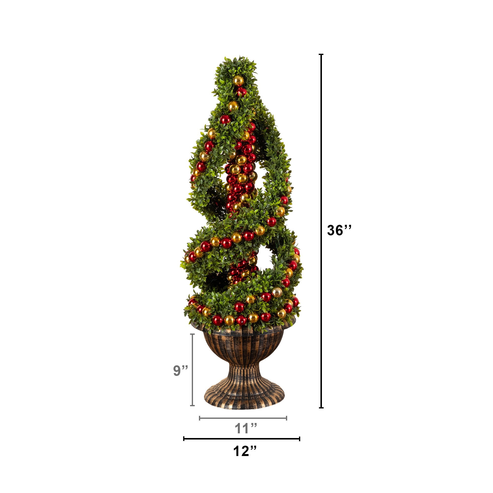 3ft. Pre-Lit Artificial Christmas Spiral Boxwood Topiary Tree with Ornaments and 70 LED Lights in Decorative Urn