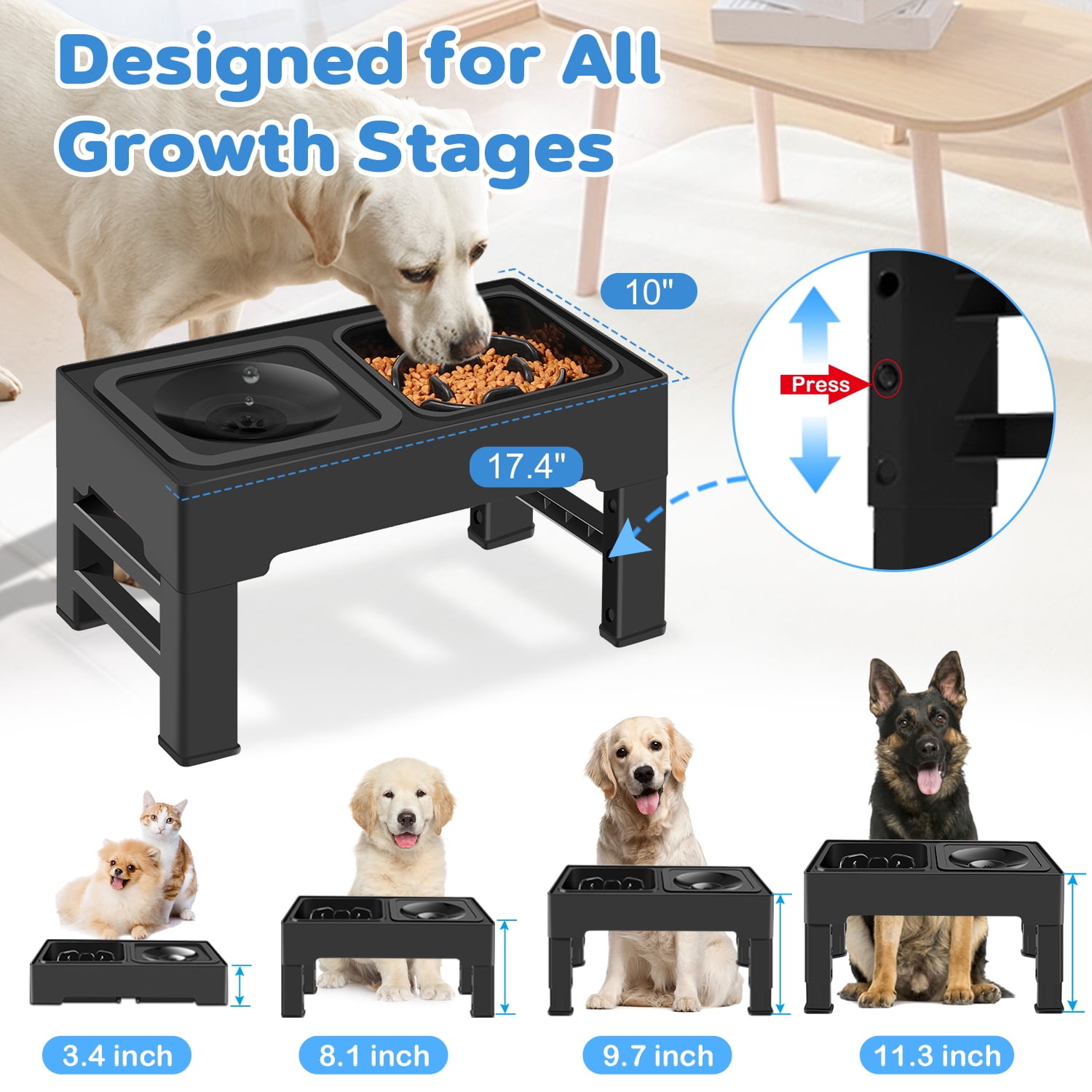2-in-1 Elevated Slow Feeder Dog Bowls, 4 Height Adjustable Raised Dog Bowls Stand with No Spill Water Bowl, Non-Skid Pet Food Feeding Set for Small, Medium, Large Dogs Cats