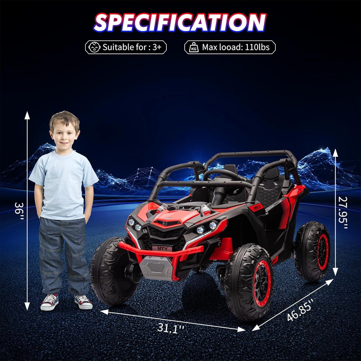 2 Seater Ride On Car for Kids, 24V 4WD Electric Utv with Remote Control, Battery Powered Electric Off-Road Utv Toy with Led Lights and Music for Boys Girls 3+