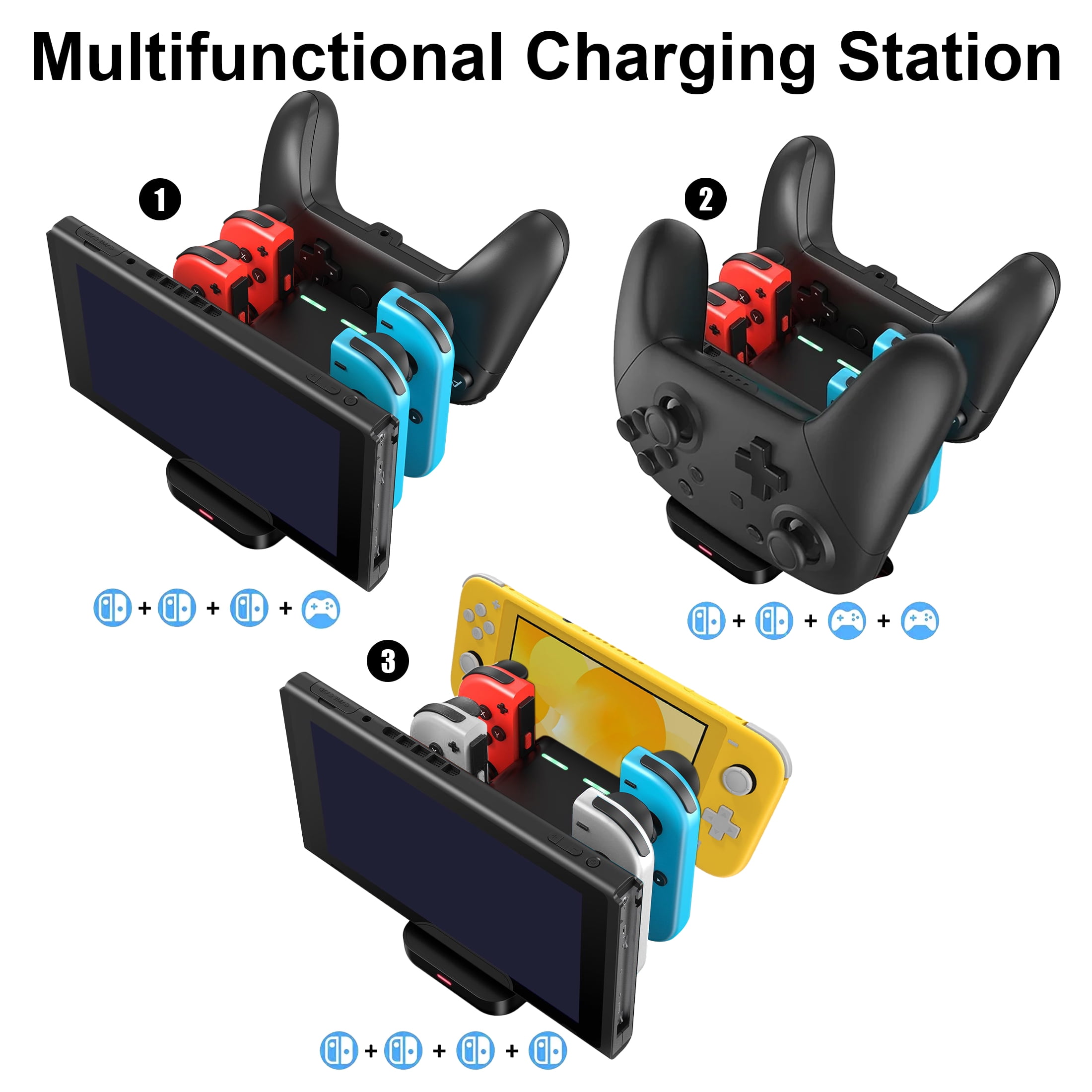 Station Charge Ciciglow 6-en-1 Pour Switch – Charge 4 Joycons + 2 Pro – LED Bleue/verte