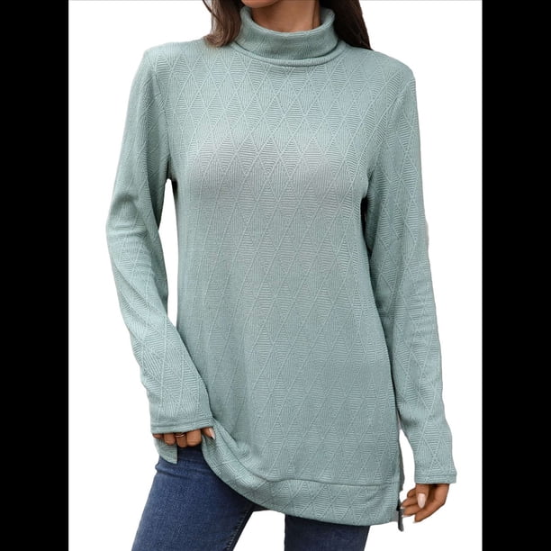 Camiseta Holgada de Larga con Cuello Alto y Estampado Geométrico de Jacquard para Mujer, Otoño e Invierno. Verde Oscuro L