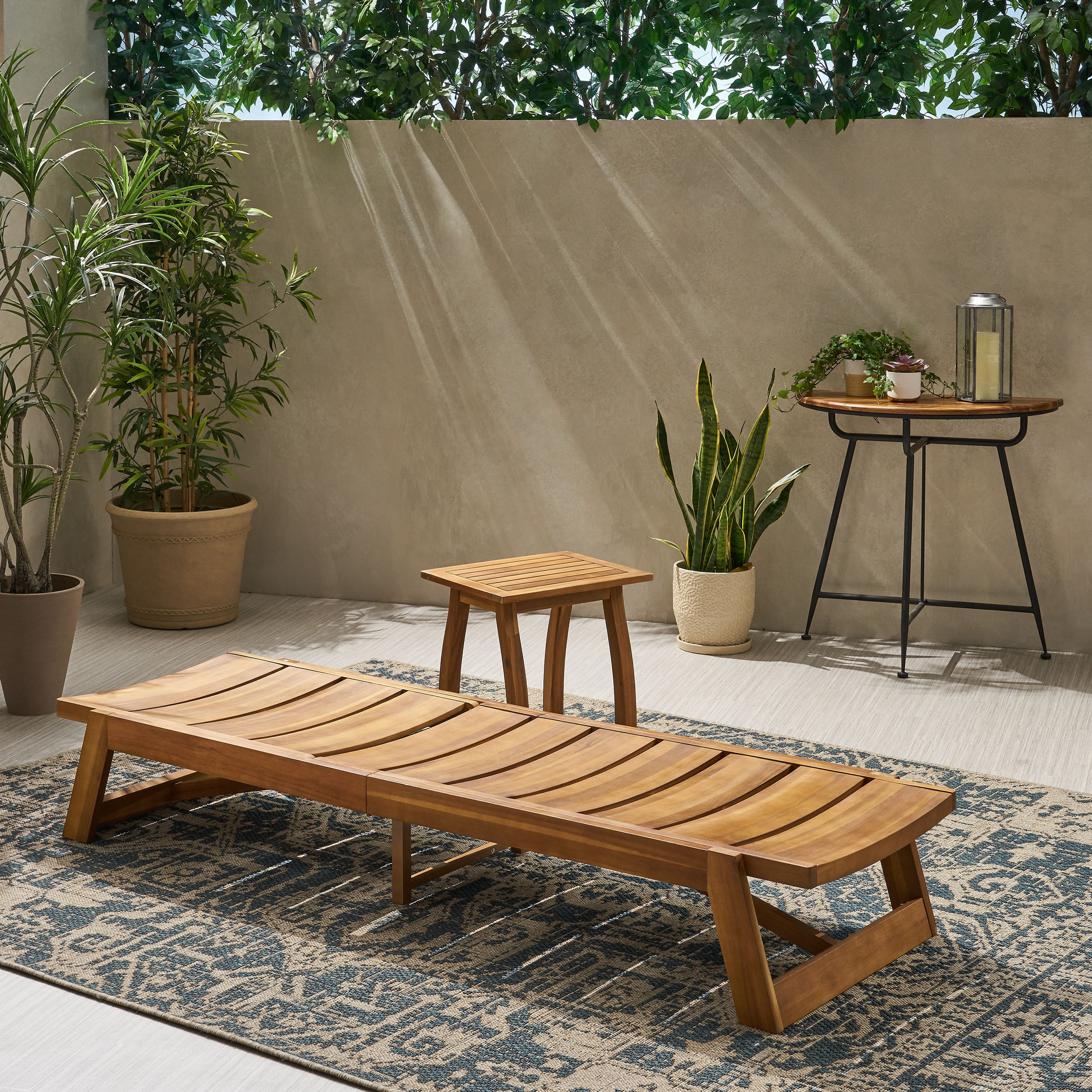 Ashayla Outdoor Acacia Wood Chaise 2 Piece Lounge, Teak, Yellow Metal