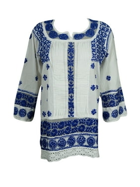 Mogul Womens Festive Tunic Dress Cotton Chikankari Embroidered Indian Ethnic Shirt Blouse Kurti