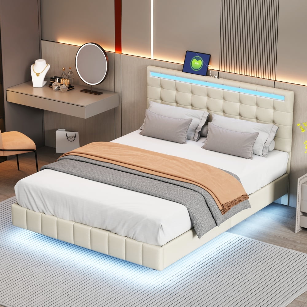 Queen Size Floating Bed Frame with LED Lights and USB Charging Station, Modern Platform Bed with Headboard,Wood Slats Support,No Box Spring Needed,Beige+Linen