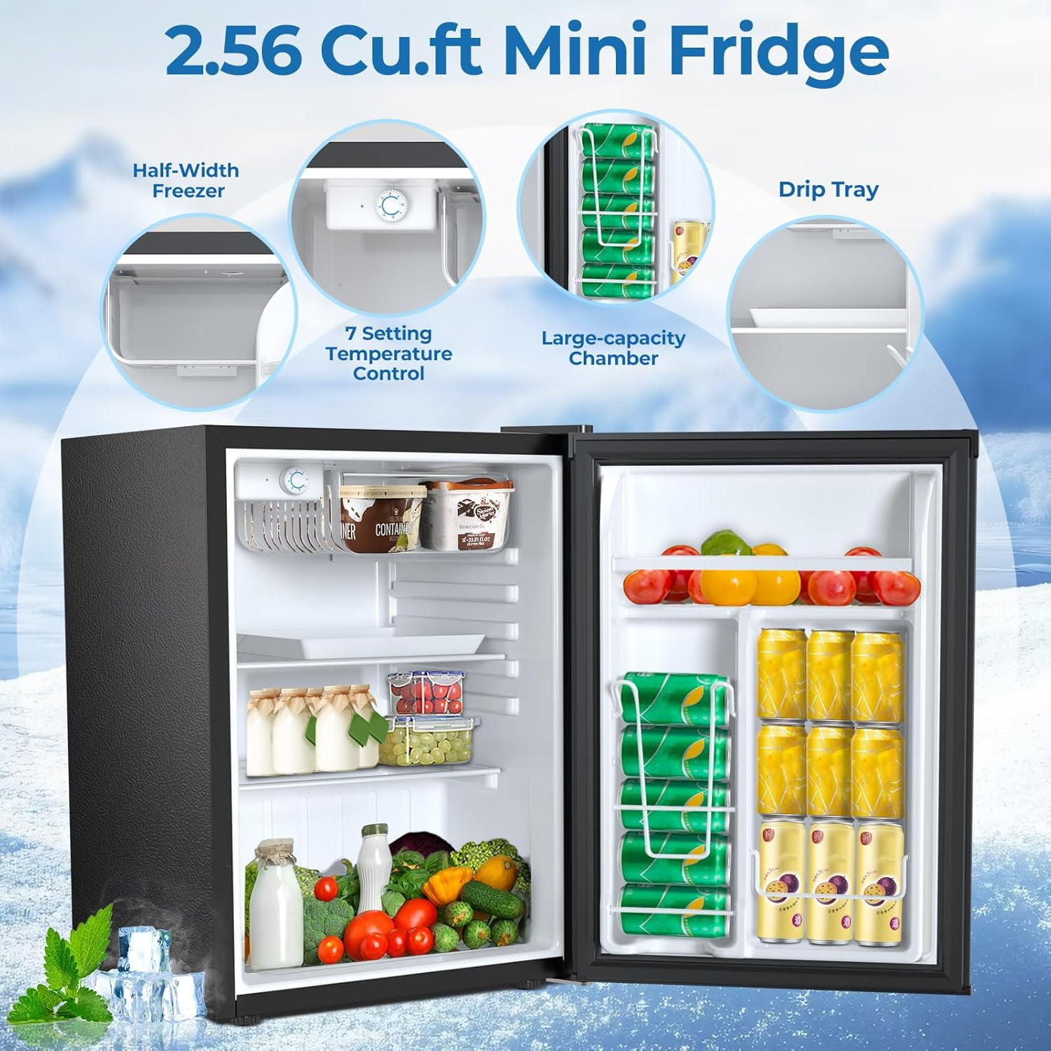 WAA 2.6 Cu.Ft Compact Refrigerator Single Door Mini Fridge with Freezer,Silver