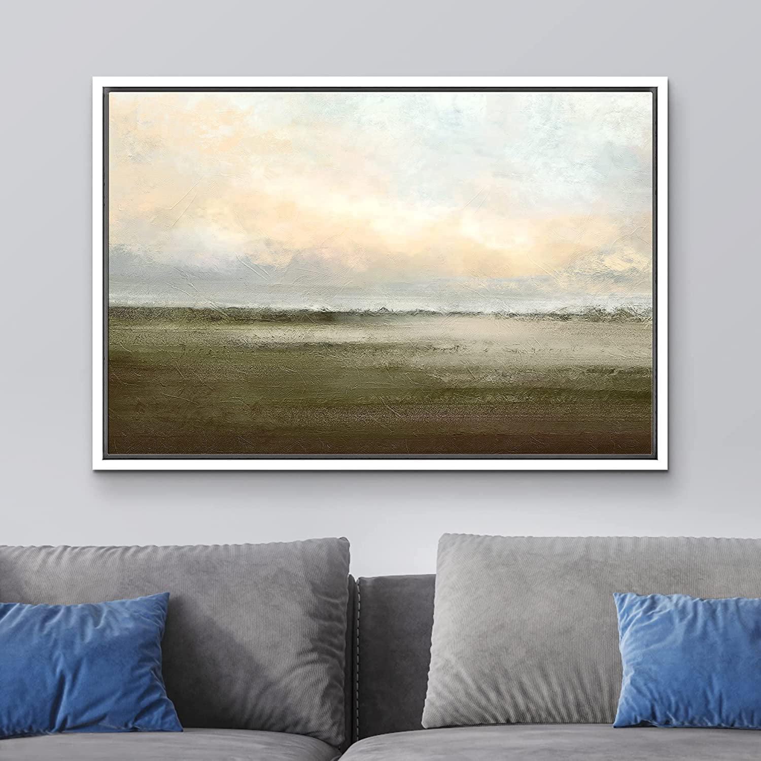 wall26 Framed Canvas Print Wall Art Watercolor Dusk Sky Over Green Field  Nature Wilderness Illustrations Modern Rustic Relax/Calm Cool for Living  Room, Bedroom, Office 16x24 White