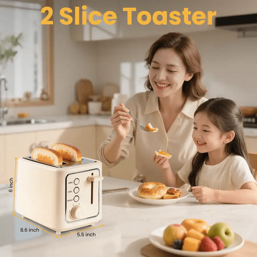 Maircle 2 Slice Toaster, Mini Bread Toaster With Extra Wide Slots,6 Browning Settings, Defrost/Cancel/Bagel Button For Bagels, Waffles, Bread