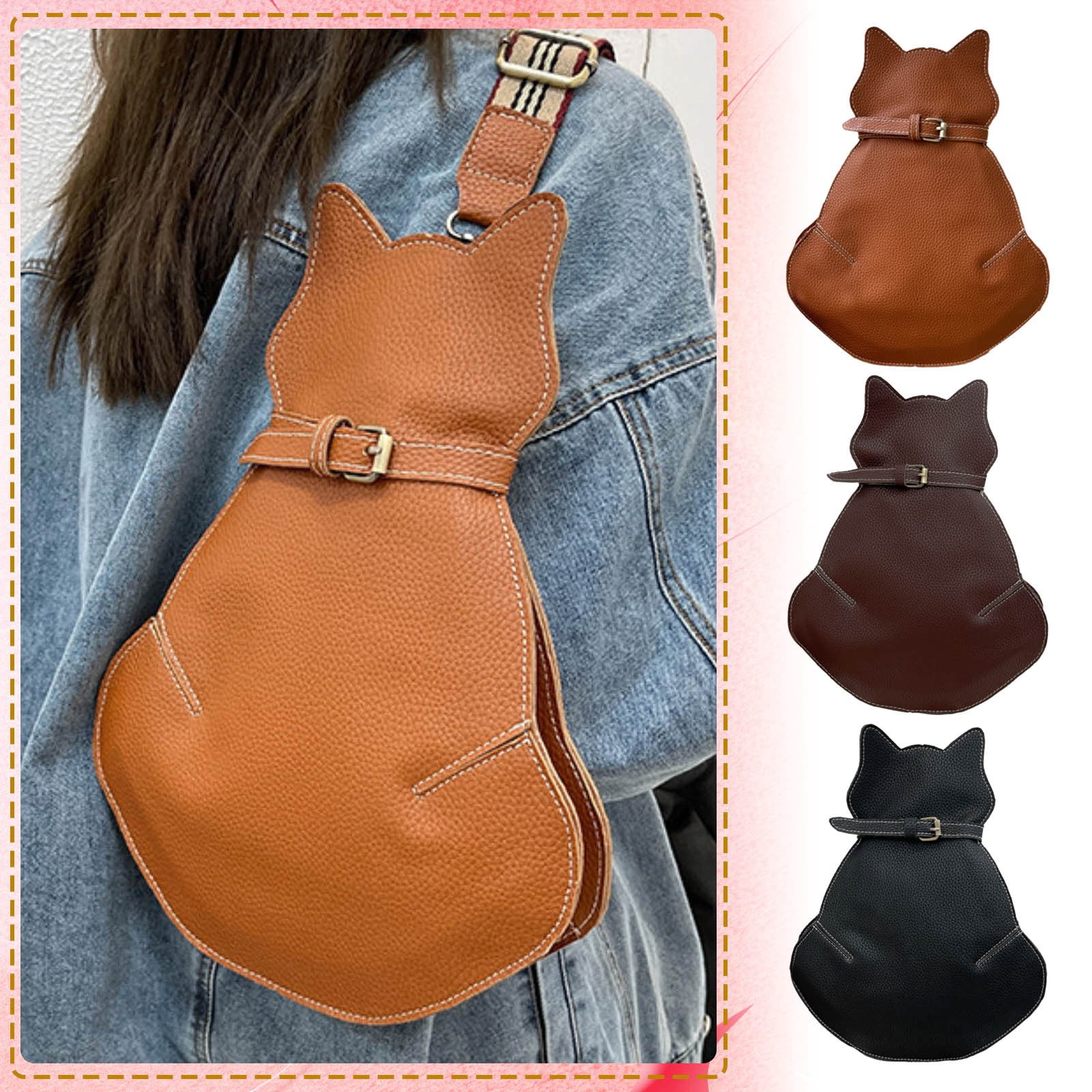 Mepaouo Cute Cat Crossbody Bags for Women Cell Phone Shoulder Handbag Chest Bag with Wide Strap(Brown)