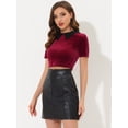 thumbnail image 3 of Unique Bargains Haut Court en Velours à Manches Courtes et Col Contrastant pour Femmes Rouge Foncé m, 3 of 5
