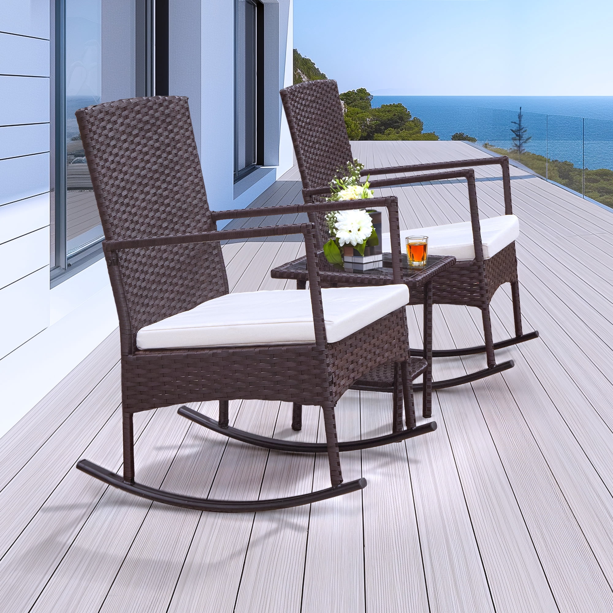 Brefac Oversize 3 Piece Patio Furniture Set Outdoor Patio Rocking Chair Set for Balcony Garden Bistro,Beige