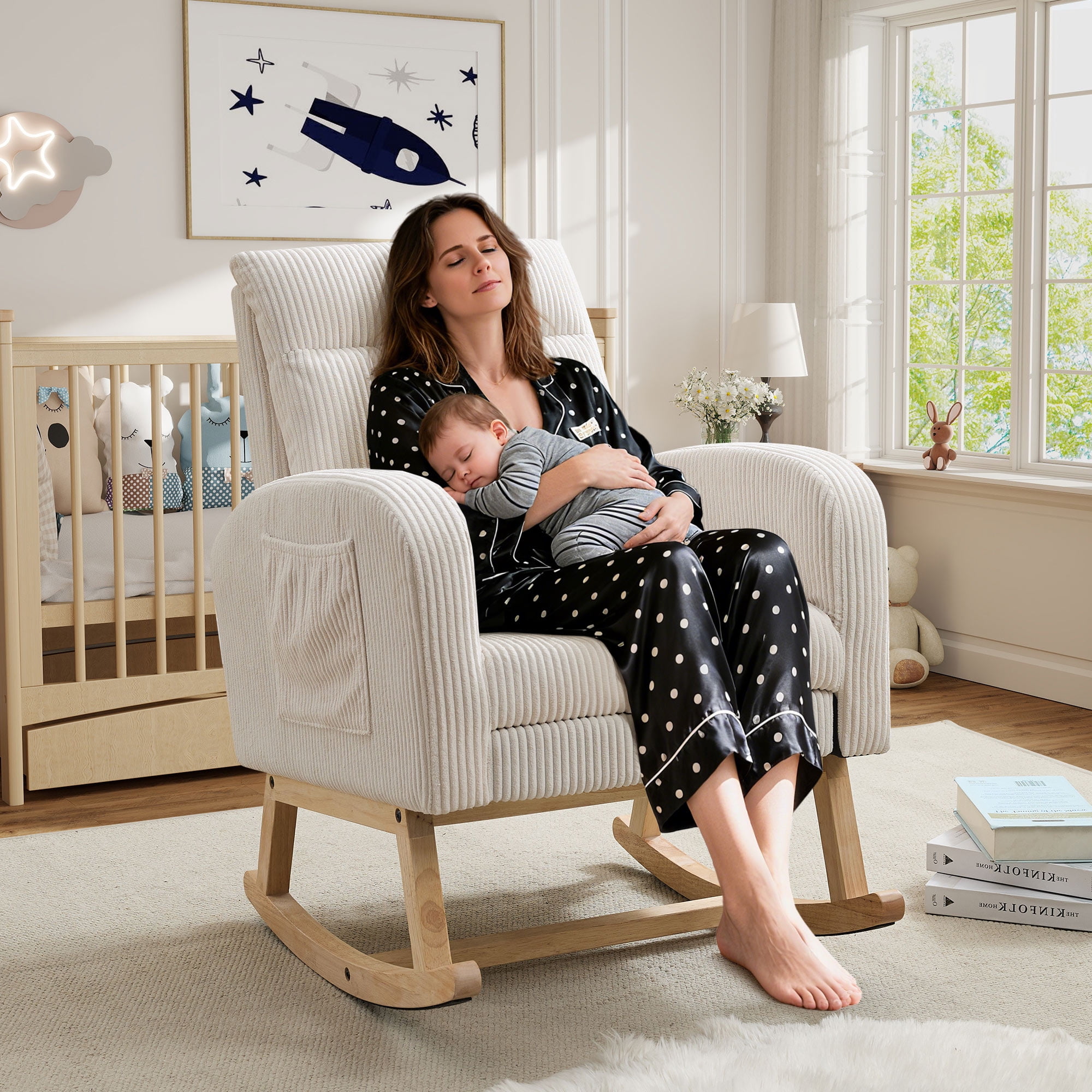 FFH Rocking Chair for Nursey, Rocking Chair with Footrest, Corduroy Armchair with High Backrest and Side Pockets, Accent Chair for Living Room, Bedroom, Beige